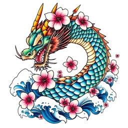 A stunning Japanese Yakuza tattoo design featuring intricate, traditional elements such as a fierce dragon entwined around cherry blossoms and waves