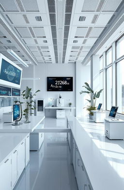 A futuristic minimalist physics laboratory setting, featuring sleek, clean lines and modern design elements
