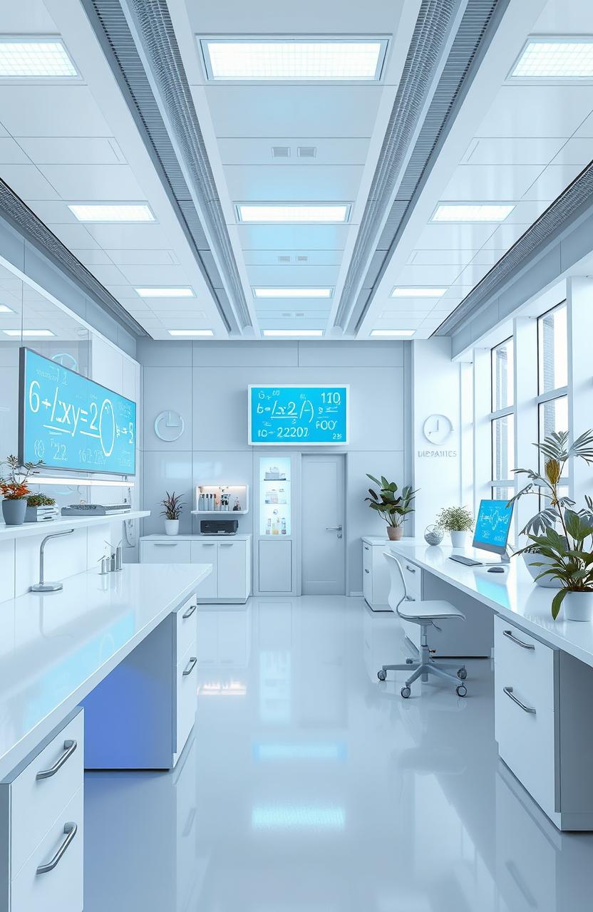 A futuristic minimalist physics laboratory setting, featuring sleek, clean lines and modern design elements