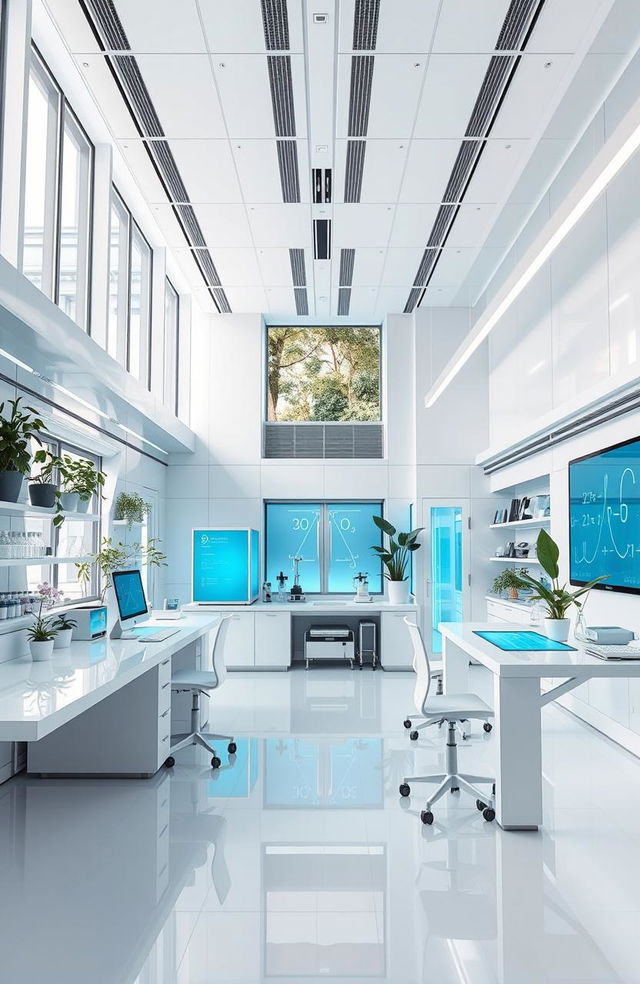 A futuristic minimalist physics laboratory setting, featuring sleek, clean lines and modern design elements