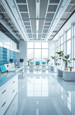 A futuristic minimalist physics laboratory setting, featuring sleek, clean lines and modern design elements