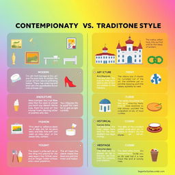 An informative and visually appealing infographic that contrasts contemporary and traditional styles across various fields such as art, architecture, fashion, and cuisine