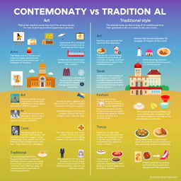 An informative and visually appealing infographic that contrasts contemporary and traditional styles across various fields such as art, architecture, fashion, and cuisine