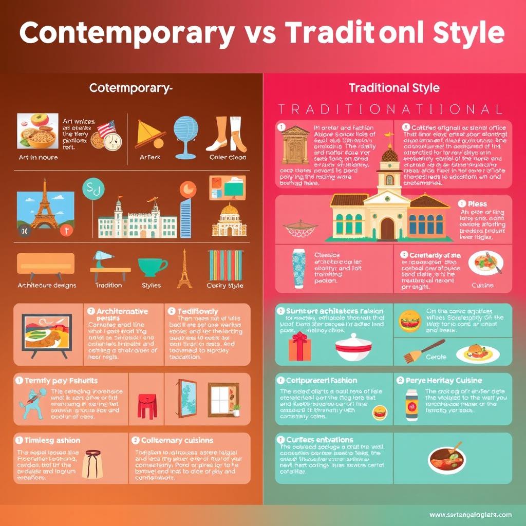 An informative and visually appealing infographic that contrasts contemporary and traditional styles across various fields such as art, architecture, fashion, and cuisine