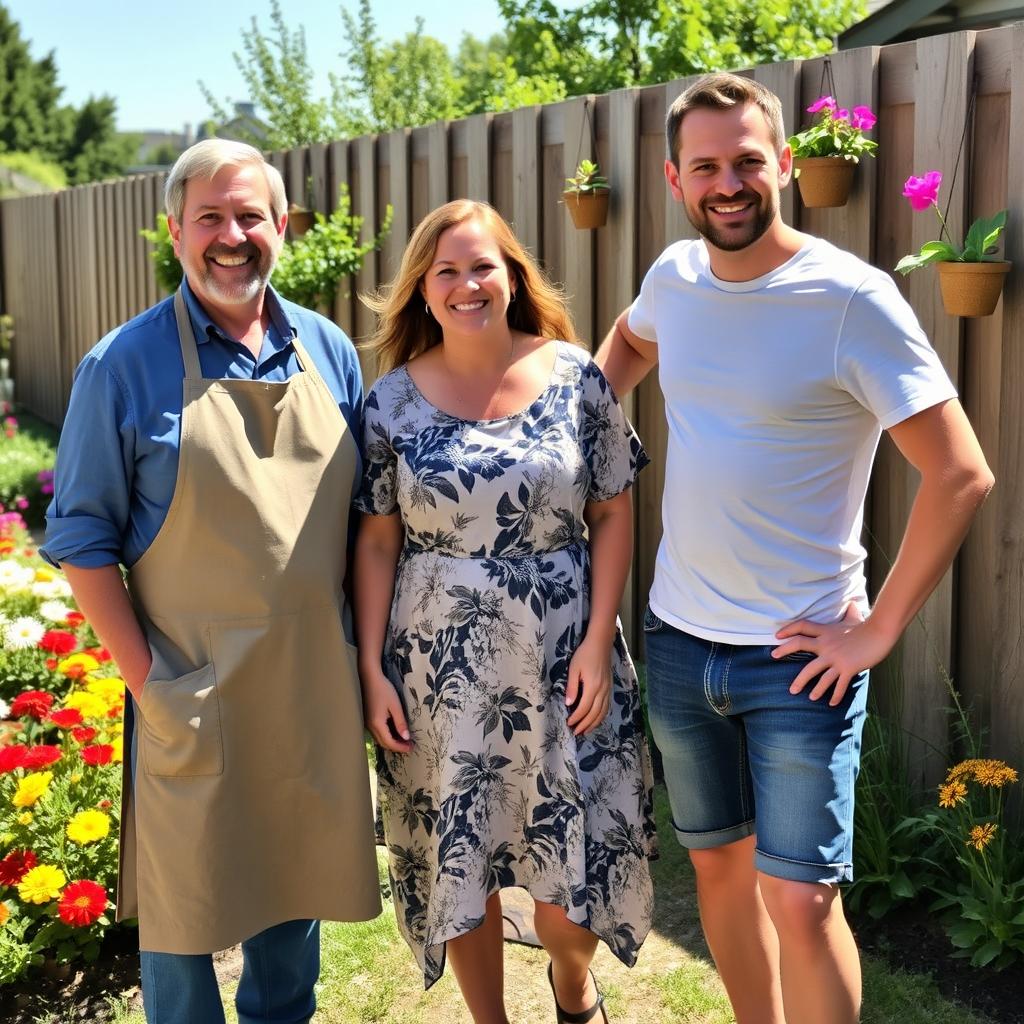 A group of three adults standing outdoors in a sunlit garden
