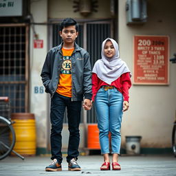 A realistic and cool photo of a young Indonesian couple standing hand in hand, facing forward