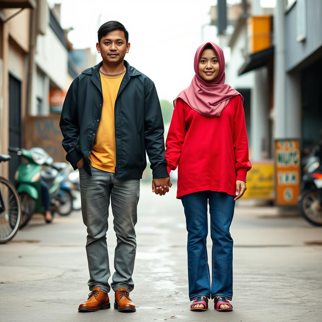 A realistic and cool photo of a young Indonesian couple standing hand in hand, facing forward