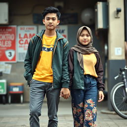 A realistic and cool photo of a young Indonesian couple standing hand in hand, facing forward