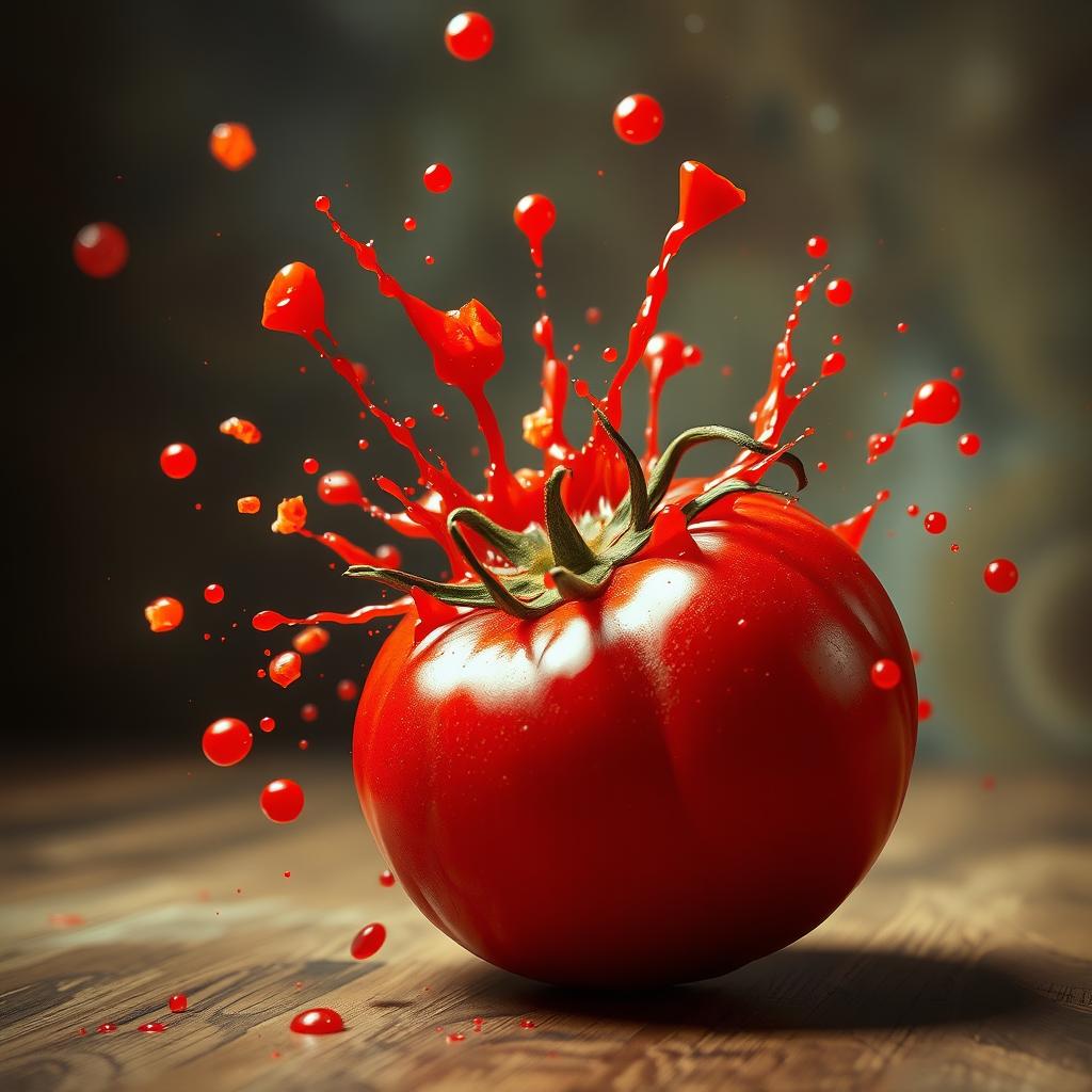 A highly detailed and vivid image of a ripe, red tomato dramatically exploding