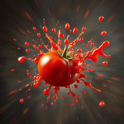 A highly detailed and vivid image of a ripe, red tomato dramatically exploding
