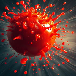 A highly detailed and vivid image of a ripe, red tomato dramatically exploding