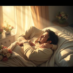 A poignant and emotional scene depicting a husband lying peacefully in his wife's embrace as she holds him tenderly, tears cascading down her cheeks