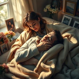 A poignant and emotional scene depicting a husband lying peacefully in his wife's embrace as she holds him tenderly, tears cascading down her cheeks