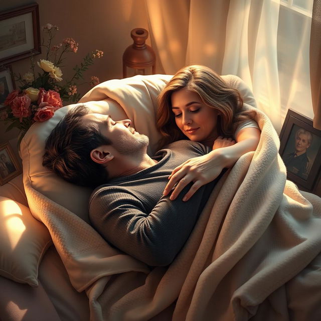 A poignant and emotional scene depicting a husband lying peacefully in his wife's embrace as she holds him tenderly, tears cascading down her cheeks