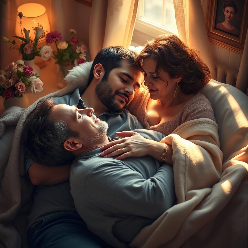 A poignant and emotional scene depicting a husband lying peacefully in his wife's embrace as she holds him tenderly, tears cascading down her cheeks