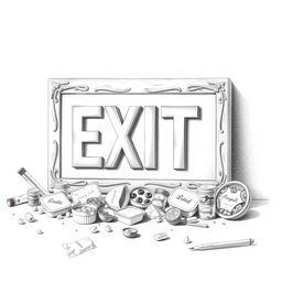 A pencil drawing of an emergency exit sign displayed prominently