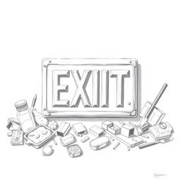 A pencil drawing of an emergency exit sign displayed prominently