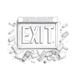 A pencil drawing of an emergency exit sign displayed prominently