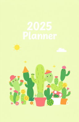 A cute 2025 year planner book cover featuring a vibrant greenish color scheme with an adorable cactus theme