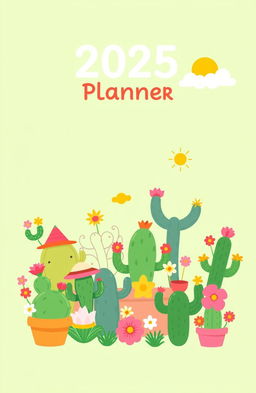 A cute 2025 year planner book cover featuring a vibrant greenish color scheme with an adorable cactus theme