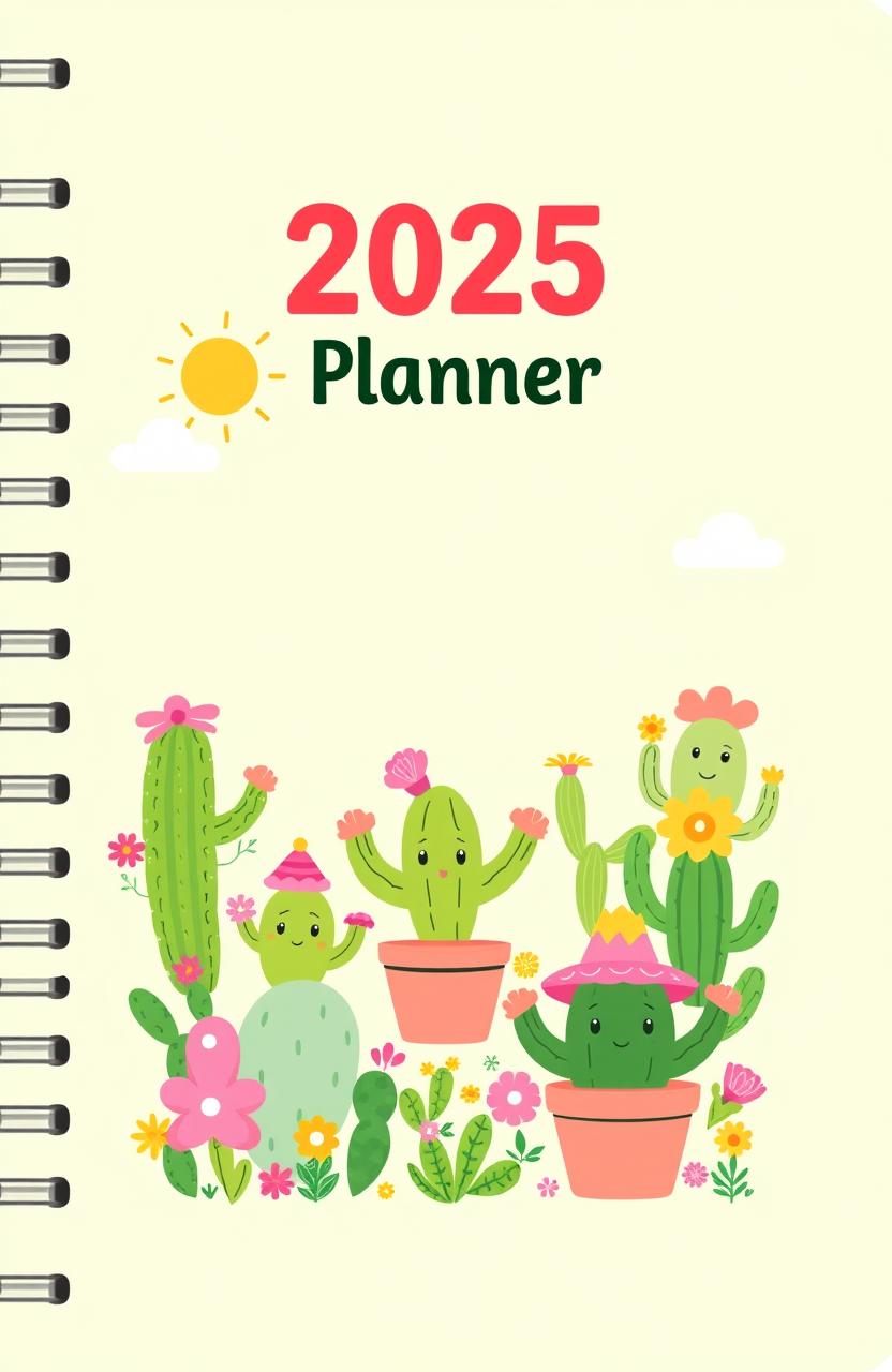 A cute 2025 year planner book cover featuring a vibrant greenish color scheme with an adorable cactus theme