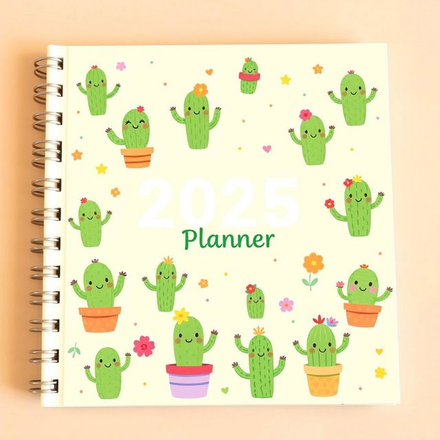 A cute 2025 year planner with a charming cactus theme featuring a greenish color palette