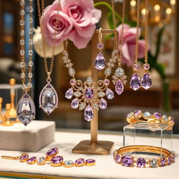 A stunning jewelry display featuring classic design elements, adorned with delicate light purple hues and luxurious gold accents