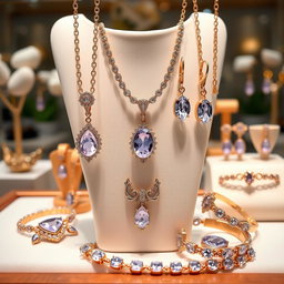 A stunning jewelry display featuring classic design elements, adorned with delicate light purple hues and luxurious gold accents