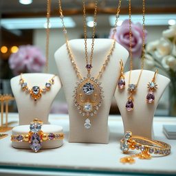 A stunning jewelry display featuring classic design elements, adorned with delicate light purple hues and luxurious gold accents