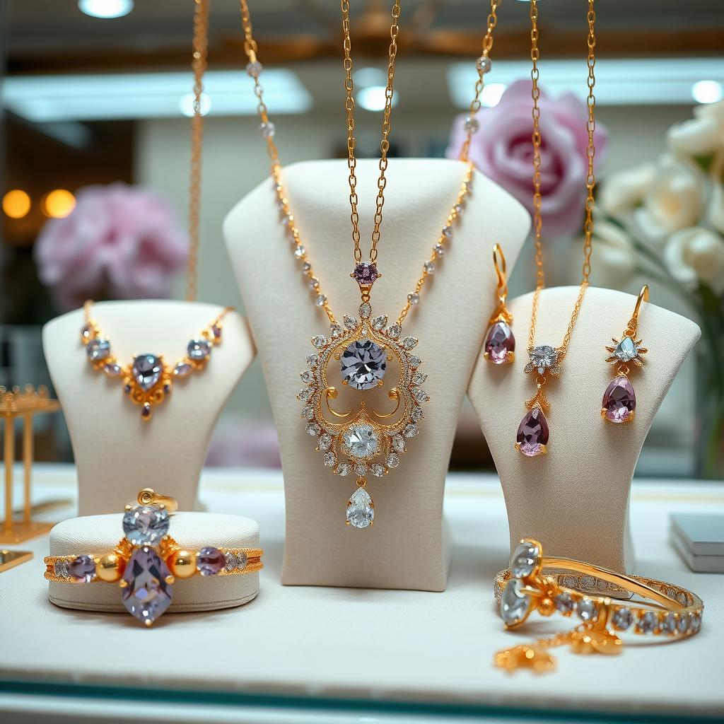 A stunning jewelry display featuring classic design elements, adorned with delicate light purple hues and luxurious gold accents