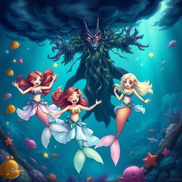 In a vibrant underwater kingdom called Aqualuna, three cheerful mermaid friends named Lira, Nina, and Marina are joyfully swimming and playing together