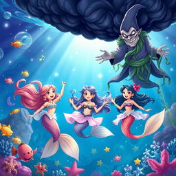 In a vibrant underwater kingdom called Aqualuna, three cheerful mermaid friends named Lira, Nina, and Marina are joyfully swimming and playing together