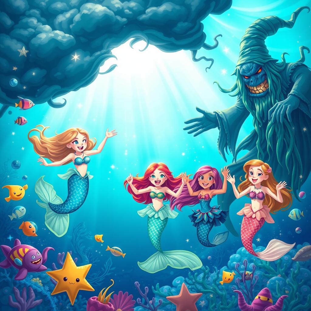 In a vibrant underwater kingdom called Aqualuna, three cheerful mermaid friends named Lira, Nina, and Marina are joyfully swimming and playing together