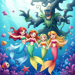In a vibrant underwater kingdom called Aqualuna, three cheerful mermaid friends named Lira, Nina, and Marina are joyfully swimming and playing together