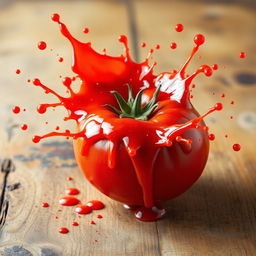A ripe tomato bursting open, with vibrant red juice splattering in all directions
