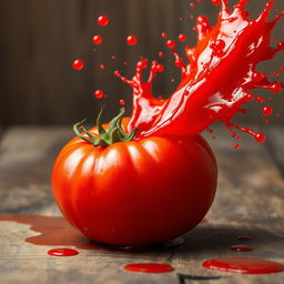 A ripe tomato bursting open, with vibrant red juice splattering in all directions