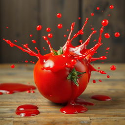 A ripe tomato bursting open, with vibrant red juice splattering in all directions