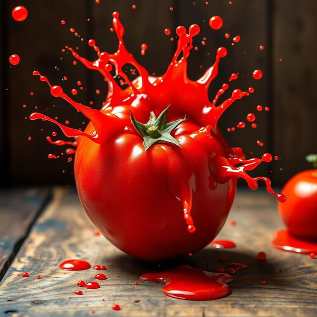 A ripe tomato bursting open, with vibrant red juice splattering in all directions