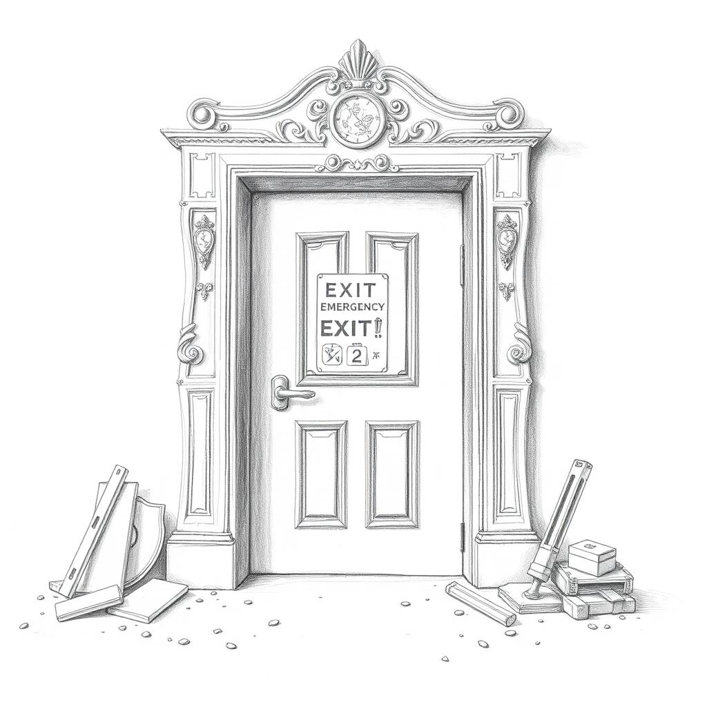 A highly detailed pencil sketch of an emergency exit door, featuring intricate reliefs and slight traces of leftover materials around the door area