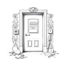 A highly detailed pencil sketch of an emergency exit door, featuring intricate reliefs and slight traces of leftover materials around the door area