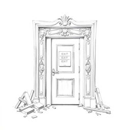 A highly detailed pencil sketch of an emergency exit door, featuring intricate reliefs and slight traces of leftover materials around the door area