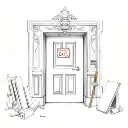 A highly detailed pencil sketch of an emergency exit door, featuring intricate reliefs and slight traces of leftover materials around the door area