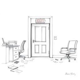 A detailed pencil sketch of an emergency exit from an office, featuring a door marked with a bright emergency exit sign
