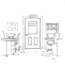 A detailed pencil sketch of an emergency exit from an office, featuring a door marked with a bright emergency exit sign