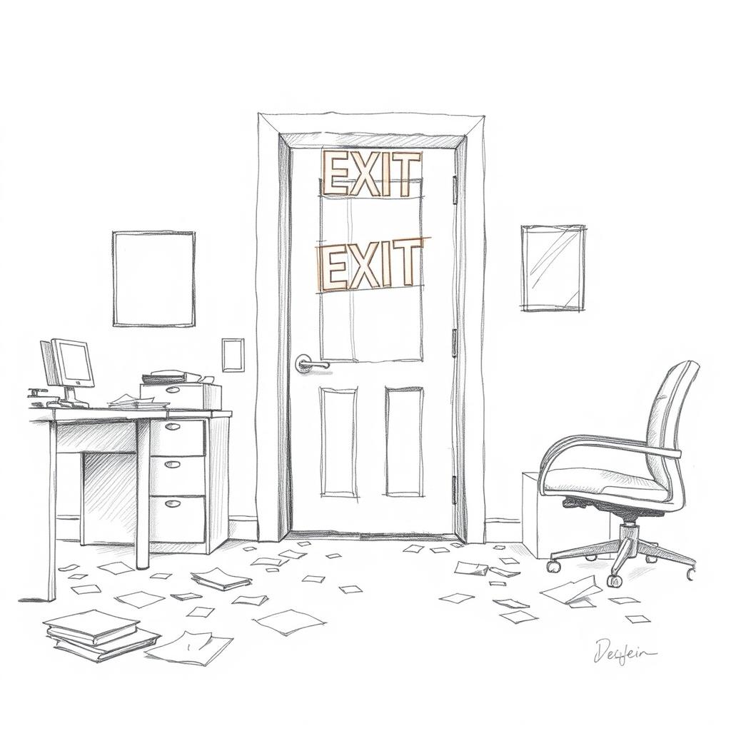 A detailed pencil sketch of an emergency exit from an office, featuring a door marked with a bright emergency exit sign