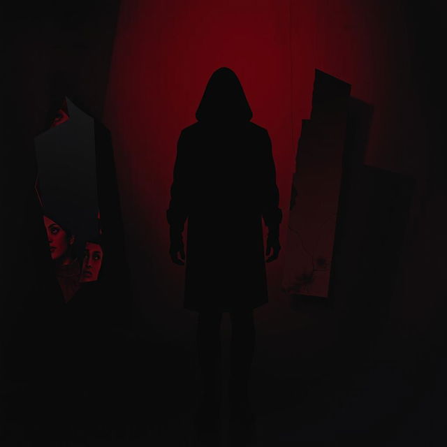 A visually striking and bold representation of the concept of betrayal, featuring a dark and shadowy figure standing alone in a dimly lit room