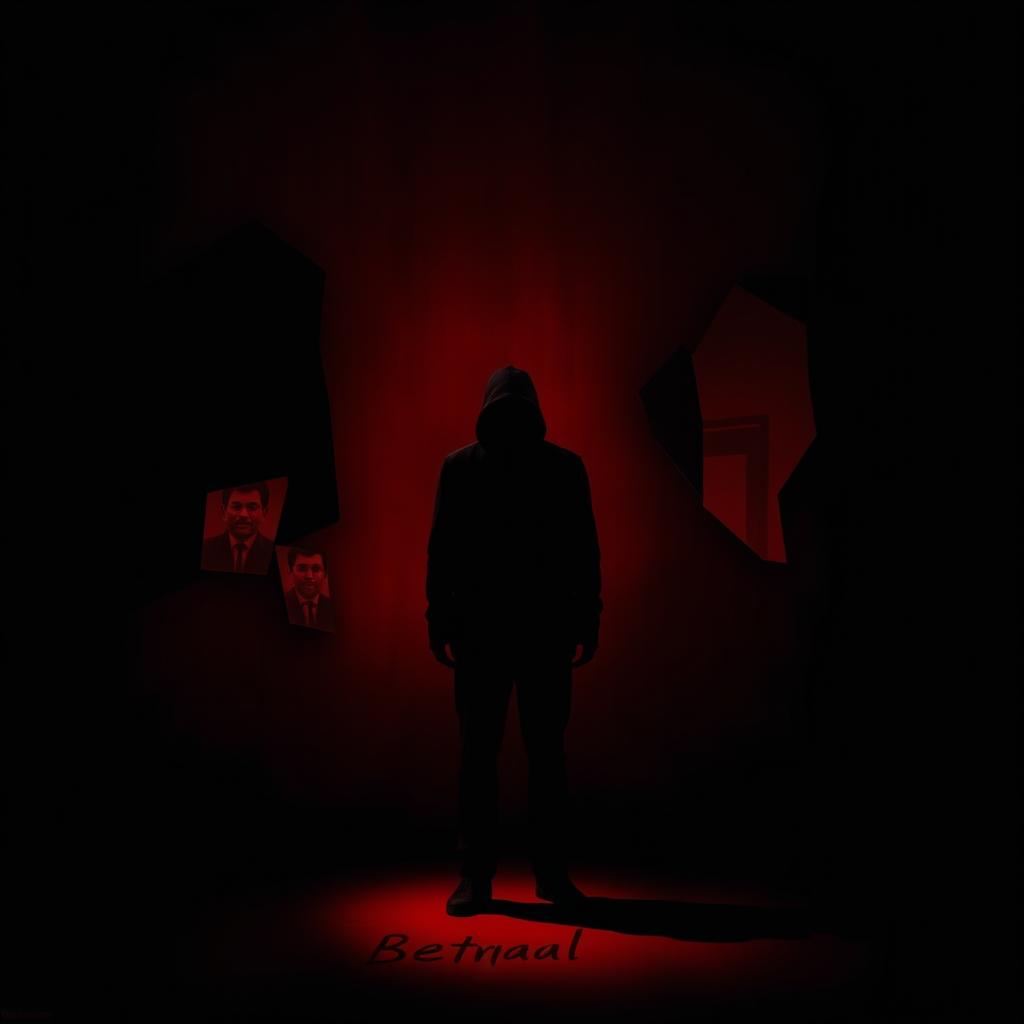 A visually striking and bold representation of the concept of betrayal, featuring a dark and shadowy figure standing alone in a dimly lit room