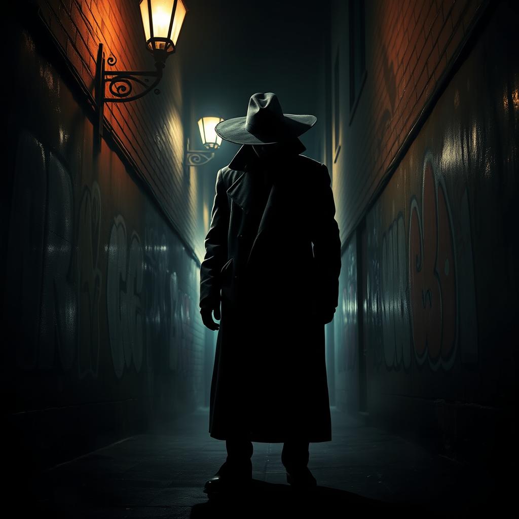 A mysterious, shadowy figure in a dimly lit alley, embodying the concepts of betrayal and moral corruption