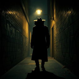 A mysterious, shadowy figure in a dimly lit alley, embodying the concepts of betrayal and moral corruption