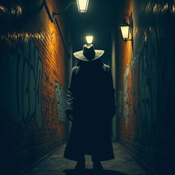 A mysterious, shadowy figure in a dimly lit alley, embodying the concepts of betrayal and moral corruption